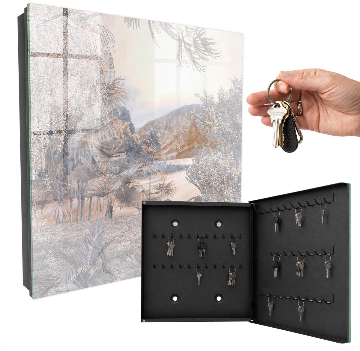 WallMuralia - Sleutelkast - 30x30x5 cm - met 50 haken - Bergvrede Sleutelkastje Muur - Beige Sleutelbox - Rechtsopenend - Zwart interieur