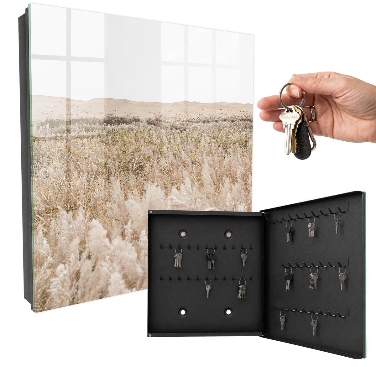 WallMuralia - Sleutelkast - 30x30x5 cm - met 50 haken - Woestijnharmonie Leuk Sleutelkastje - Beige Sleutelbox - Rechtsopenend - Zwart interieur