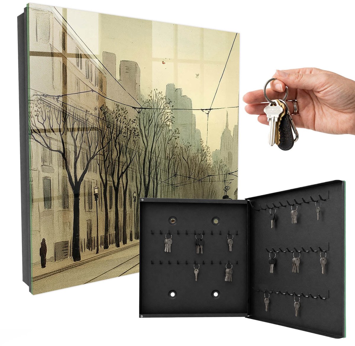 WallMuralia - Sleutelkast - 30x30x5 cm - met 50 haken - Stadswandeling Sleutelkastje Hal - Beige Sleutelbox - Rechtsopenend - Zwart interieur