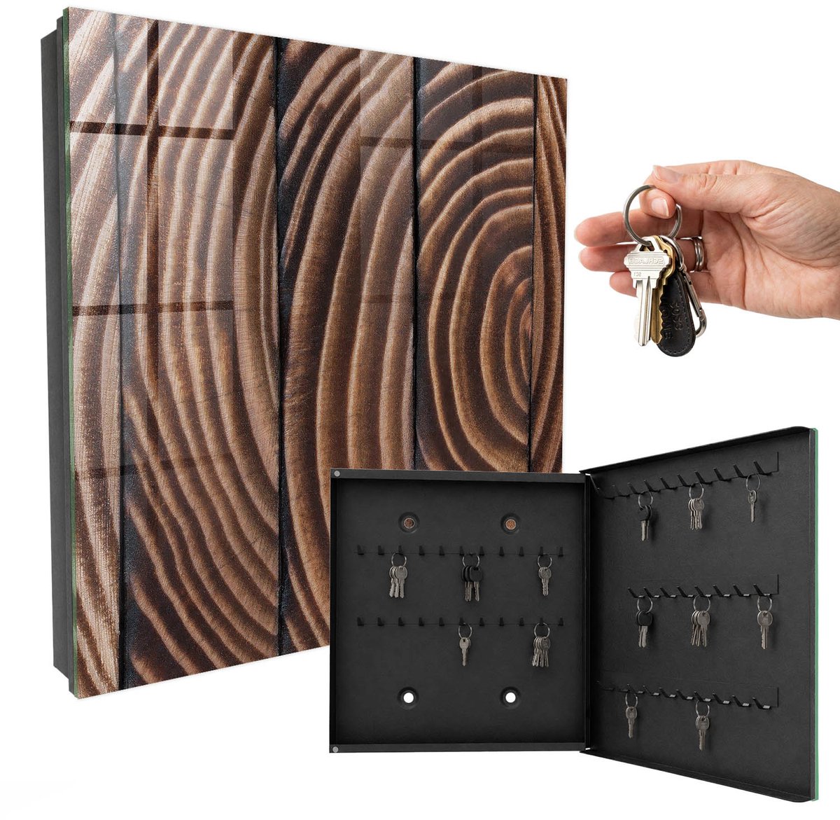 WallMuralia - Sleutelkast - 30x30x5 cm - met 50 haken - Houten Golven Sleutelkastje - Bruin Sleutelbox - Rechtsopenend - Zwart interieur