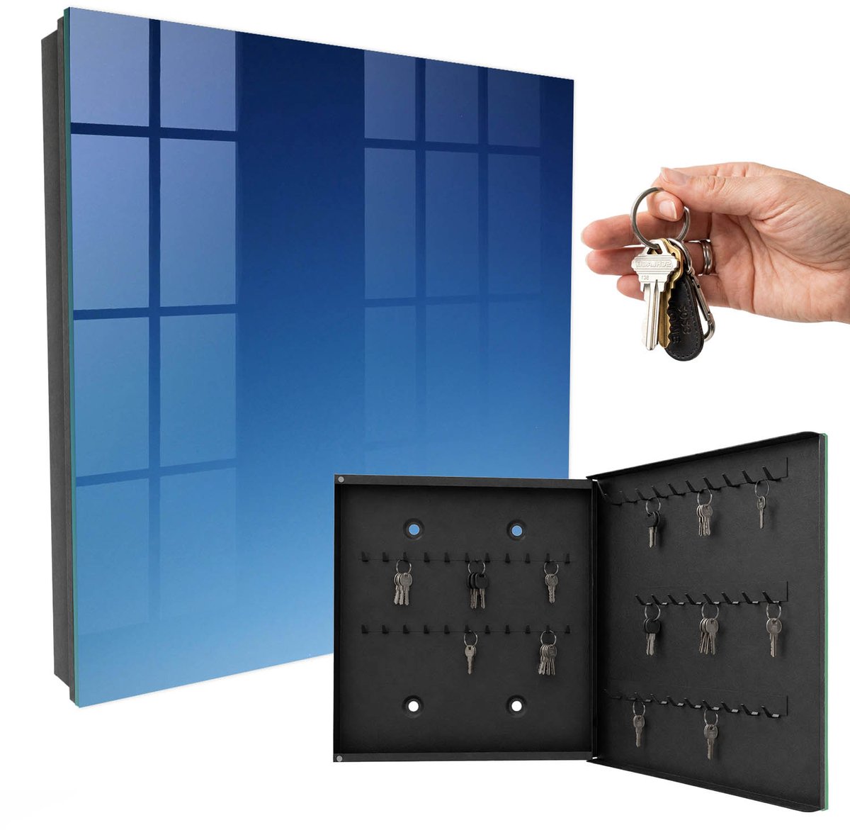 WallMuralia - Sleutelkast - 30x30x5 cm - met 50 haken - Blauwe Lucht Sleutelkastje Industrieel - Blauw Sleutelbox - Rechtsopenend - Zwart interieur