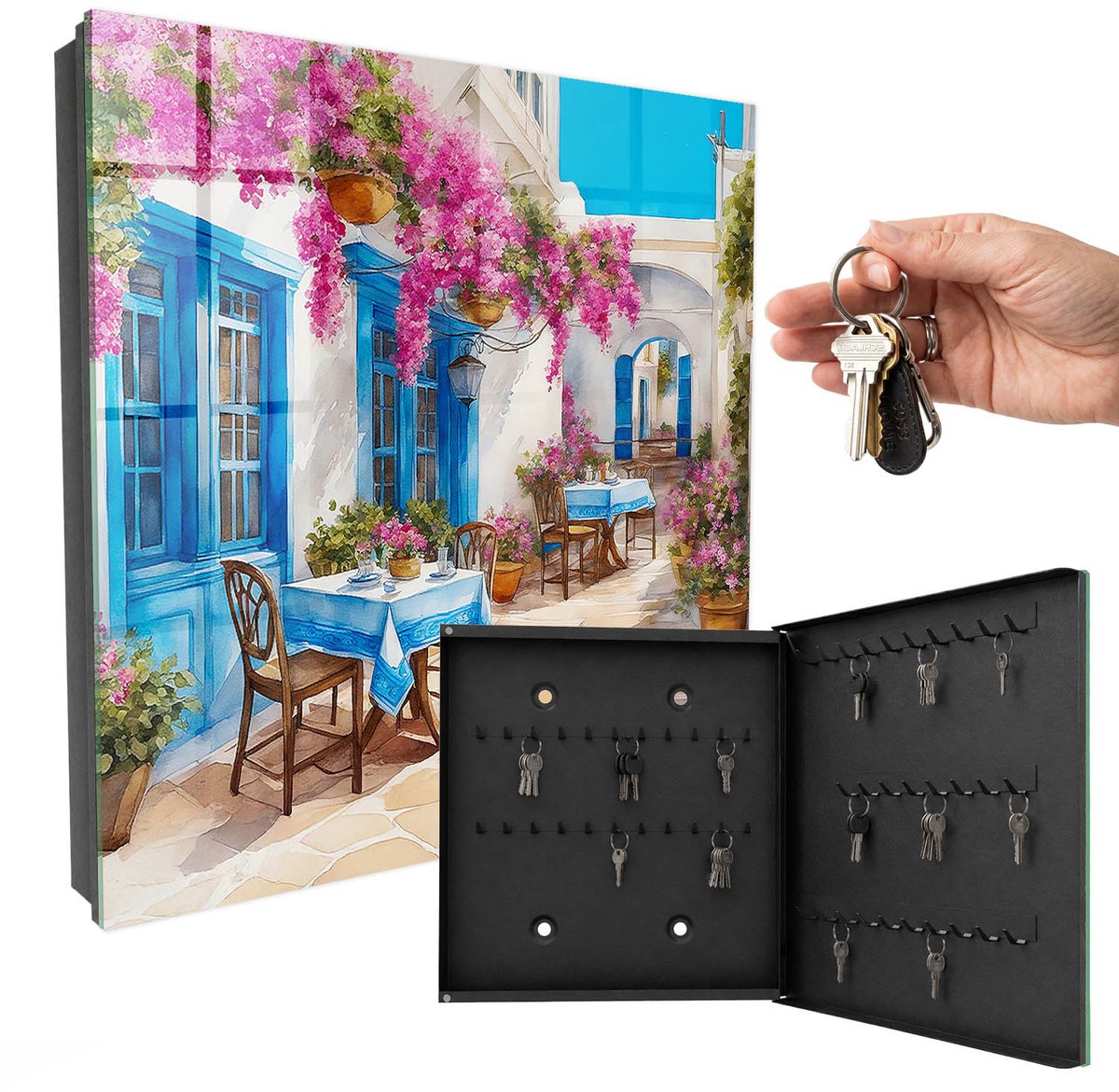 WallMuralia - Sleutelkast - 30x30x5 cm - met 50 haken - Bloemensteeg Design Sleutelkastje - Blauw Sleutelbox - Rechtsopenend - Zwart interieur