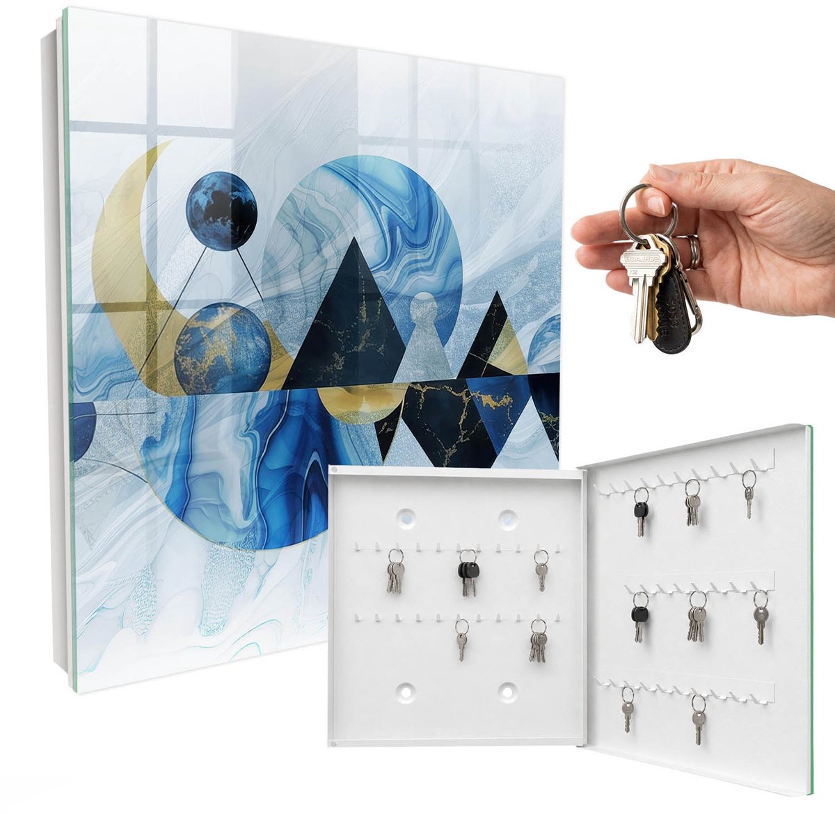WallMuralia - Sleutelkast - 30x30x5 cm - met 50 haken - Kosmische Abstractie Sleutelkastje Binnen - Blauw Sleutelbox - Rechtsopenend - Wit interieur