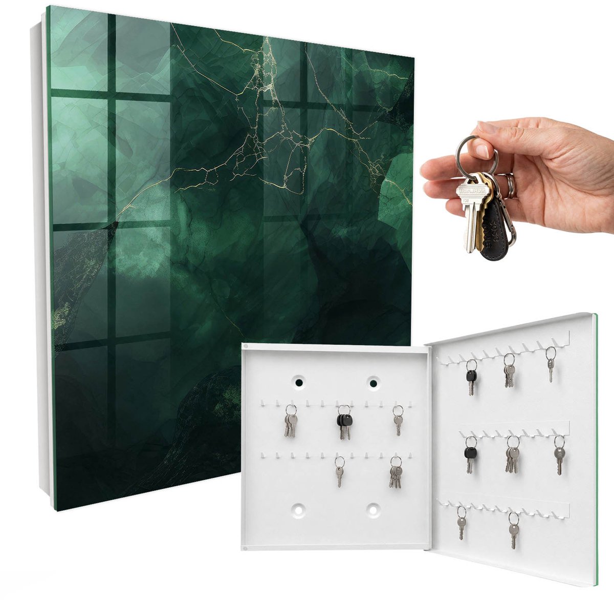WallMuralia - Sleutelkast - 30x30x5 cm - met 50 haken - Groene Elegantie Sleutelkastje Huis - Groente Sleutelbox - Rechtsopenend - Wit interieur