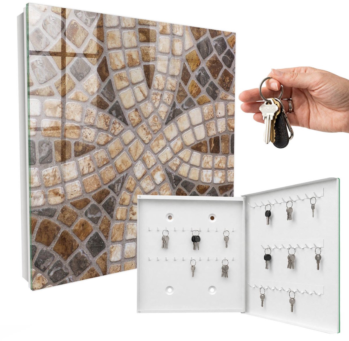 WallMuralia - Sleutelkast - 30x30x5 cm - met 50 haken - Stijlvol Mozaïek Sleutelkastje - Bruin Sleutelbox - Rechtsopenend - Wit interieur