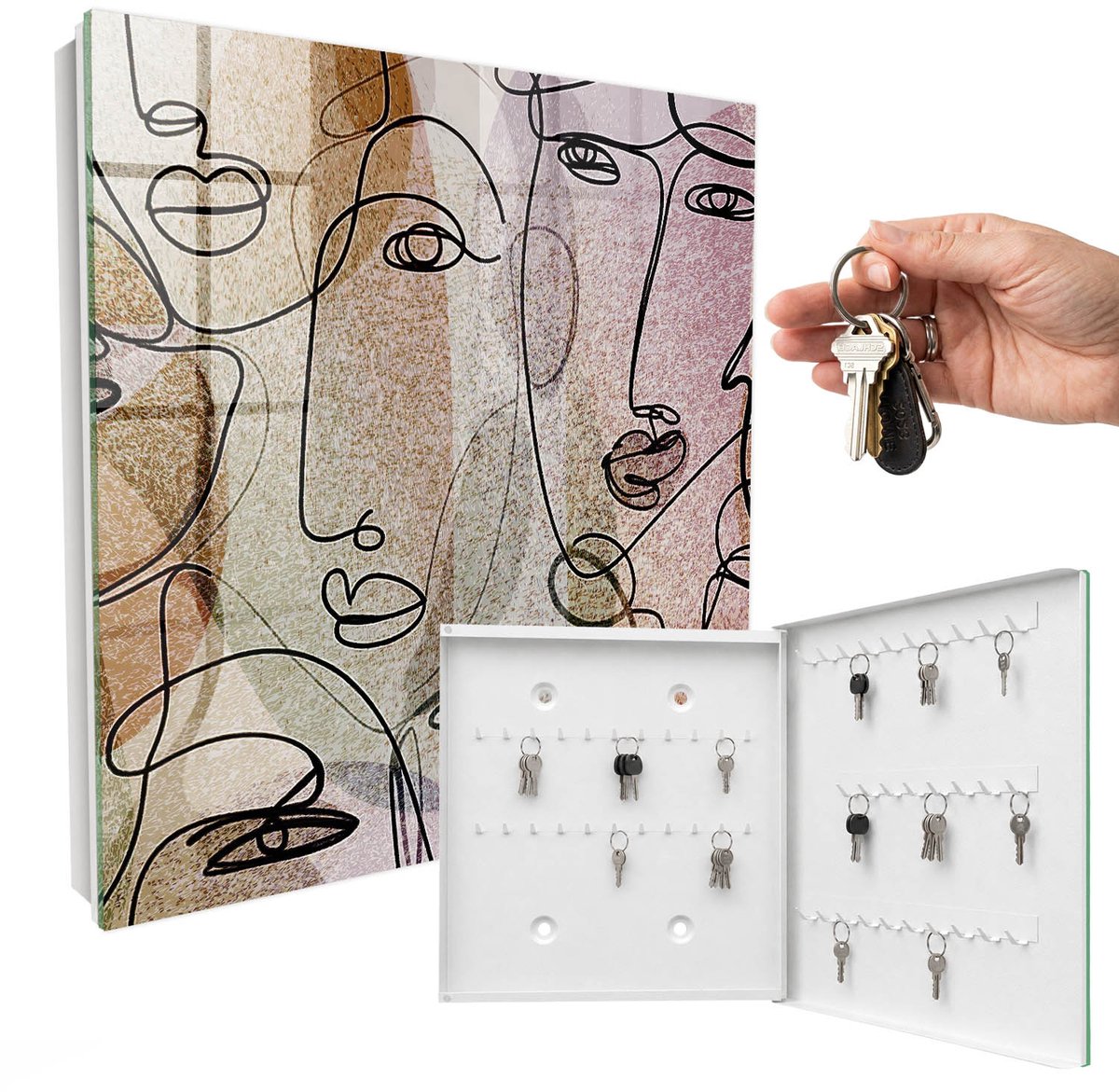 WallMuralia - Sleutelkast - 30x30x5 cm - met 50 haken - Lijntekening Leuk Sleutelkastje - Beige Sleutelbox - Rechtsopenend - Wit interieur