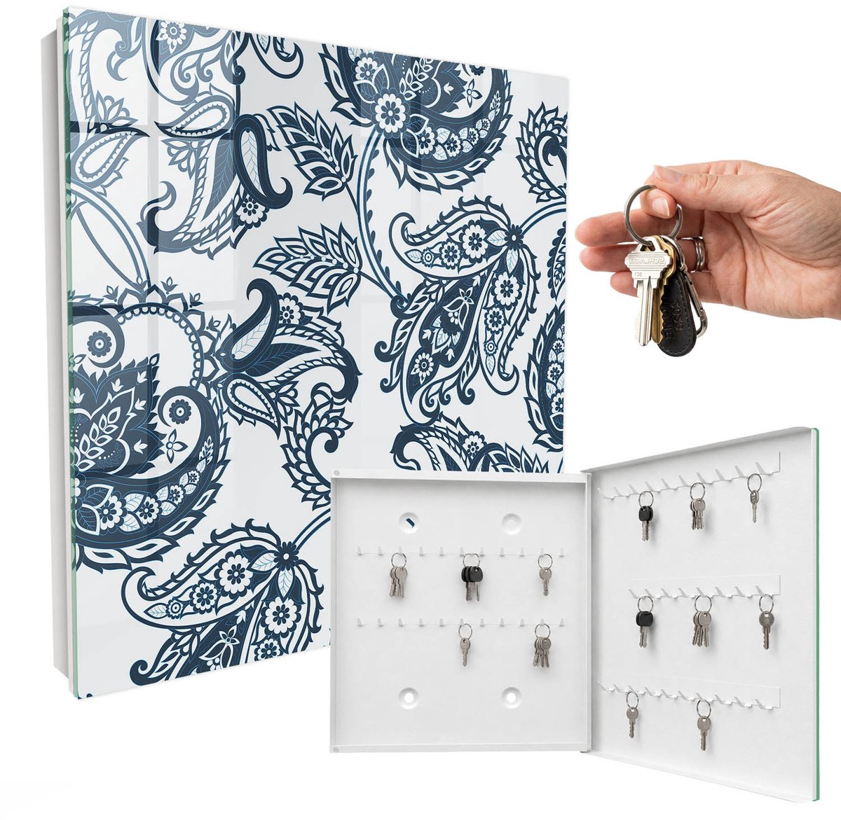 WallMuralia - Sleutelkast - 30x30x5 cm - met 50 haken - Elegante Ornamenten Sleutelkastje Design - Grijs Sleutelbox - Rechtsopenend - Wit interieur