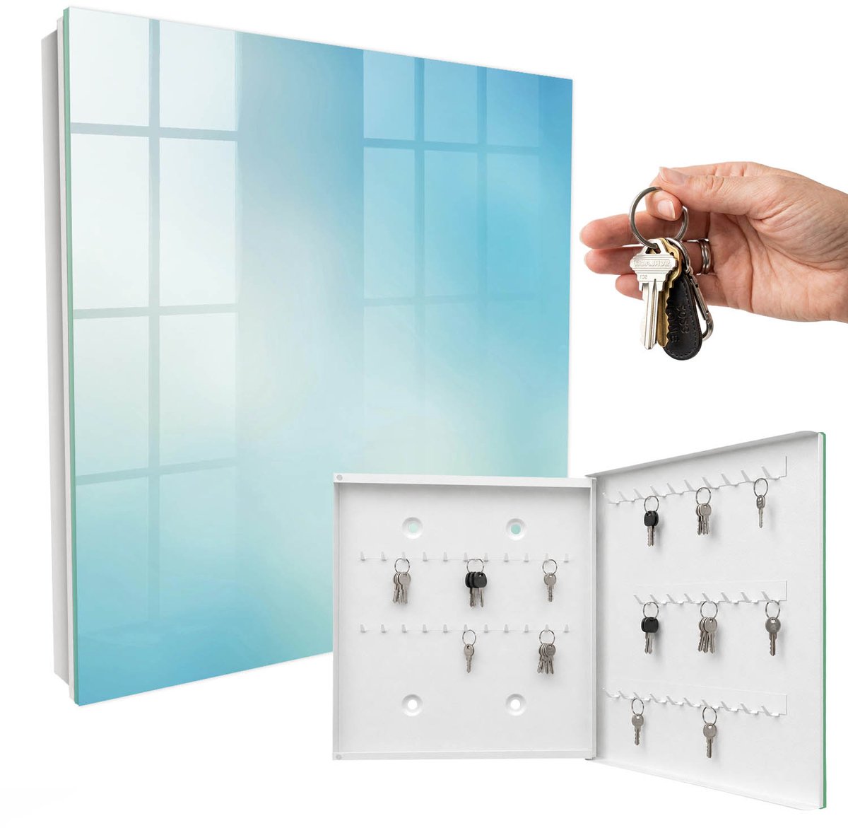 WallMuralia - Sleutelkast - 30x30x5 cm - met 50 haken - Hemelse Droom Sleutelkastje Design - Blauw Sleutelbox - Rechtsopenend - Wit interieur