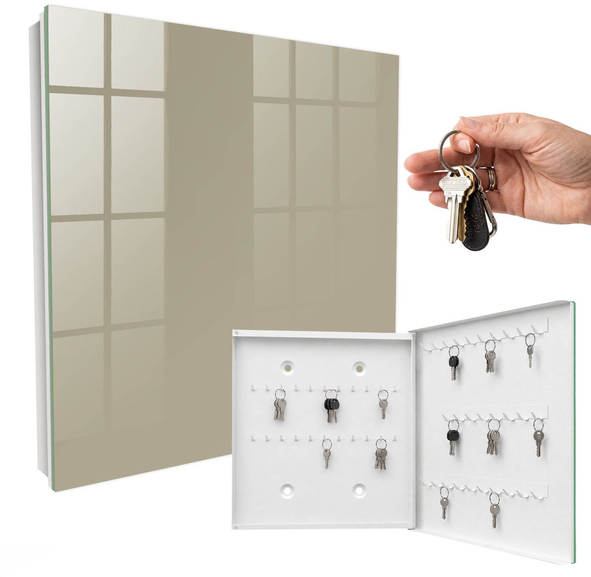 WallMuralia - Sleutelkast - 30x30x5 cm - met 50 haken - Donkere Crème Sleutelkastje Klein - Romig Sleutelbox - Rechtsopenend - Wit interieur
