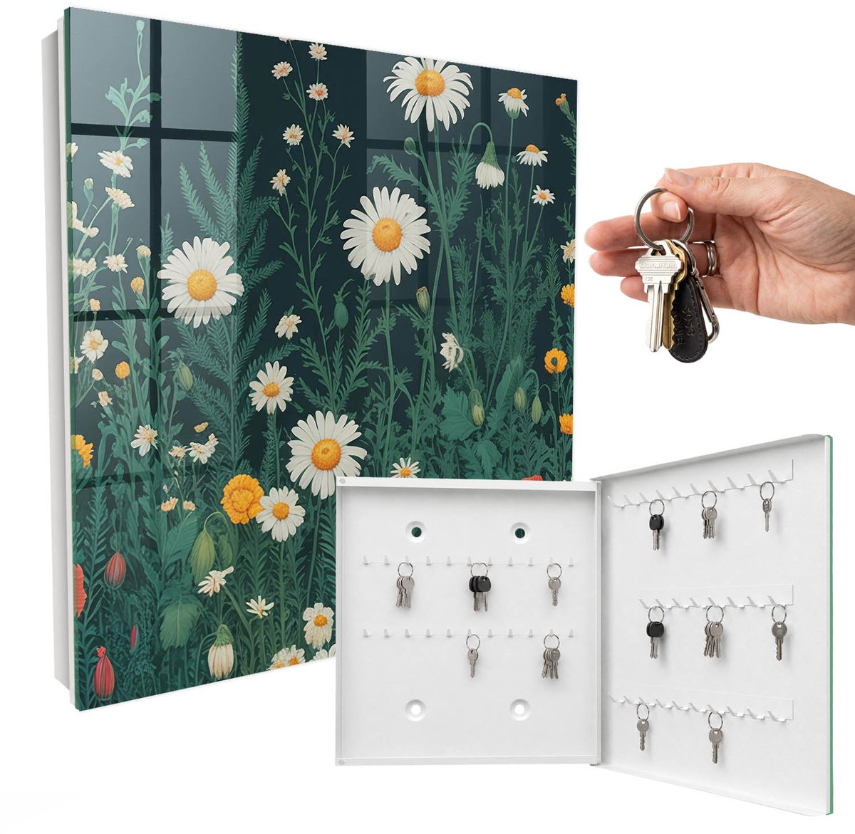 WallMuralia - Sleutelkast - 30x30x5 cm - met 50 haken - Bloemenweide Sleutelkastje Hal - Groente Sleutelbox - Rechtsopenend - Wit interieur
