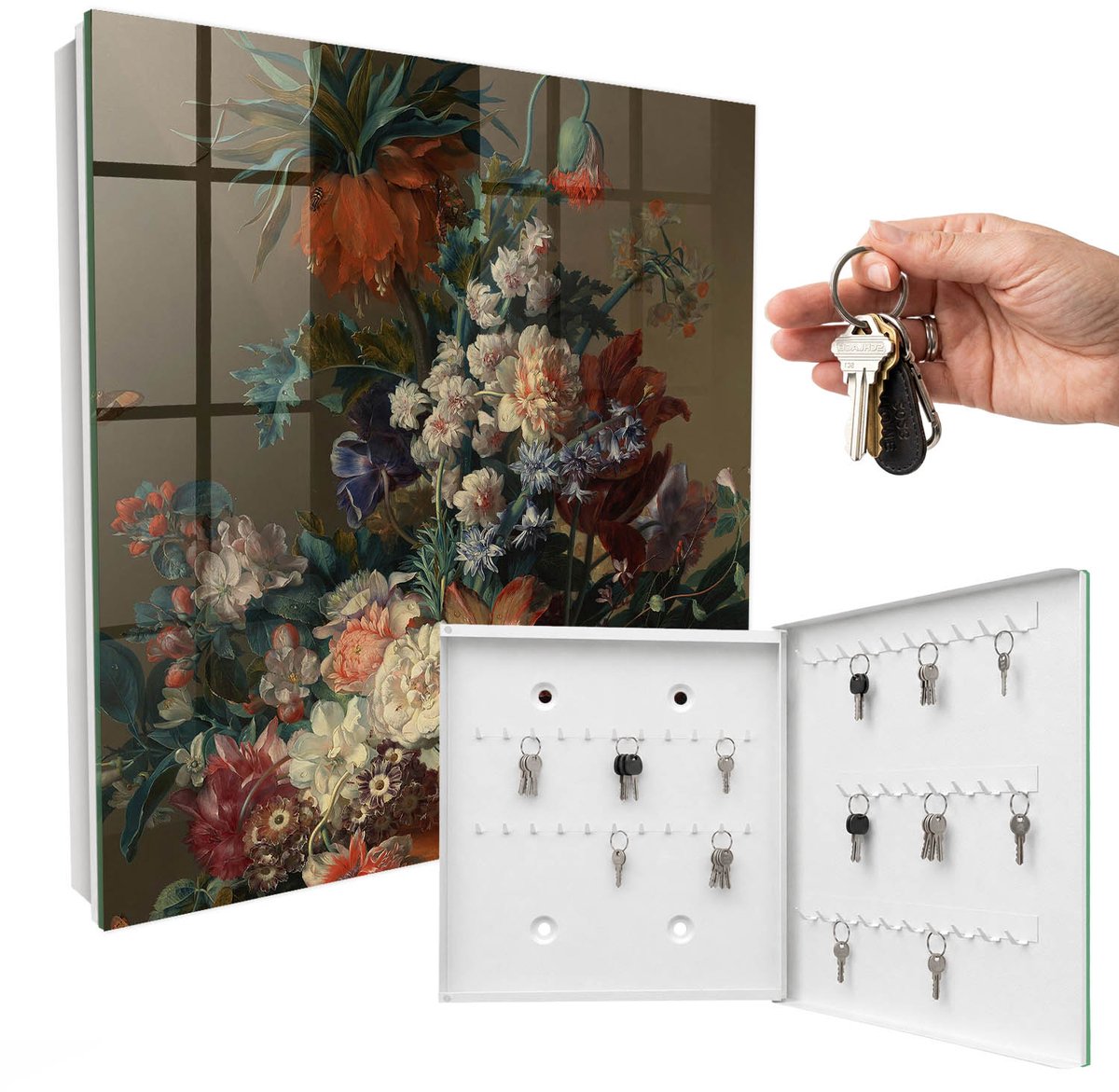 WallMuralia - Sleutelkast - 30x30x5 cm - met 50 haken - Bloemenboeket Groot Sleutelkastje - Groente Sleutelbox - Rechtsopenend - Wit interieur