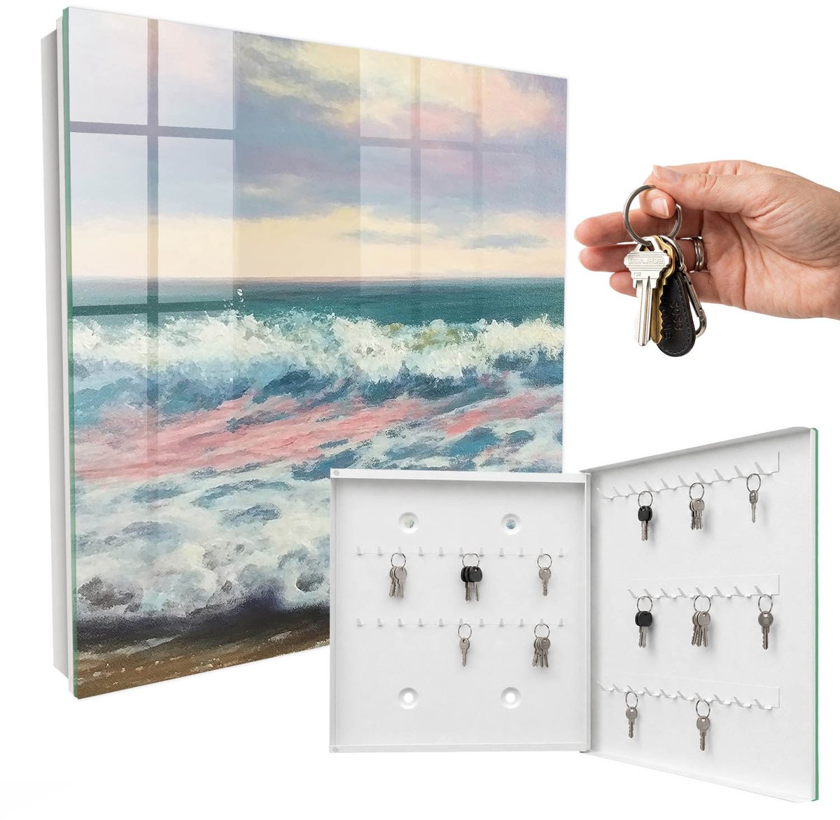 WallMuralia - Sleutelkast - 30x30x5 cm - met 50 haken - Zeegezicht Sleutelkastje - Blauw Sleutelbox - Rechtsopenend - Wit interieur