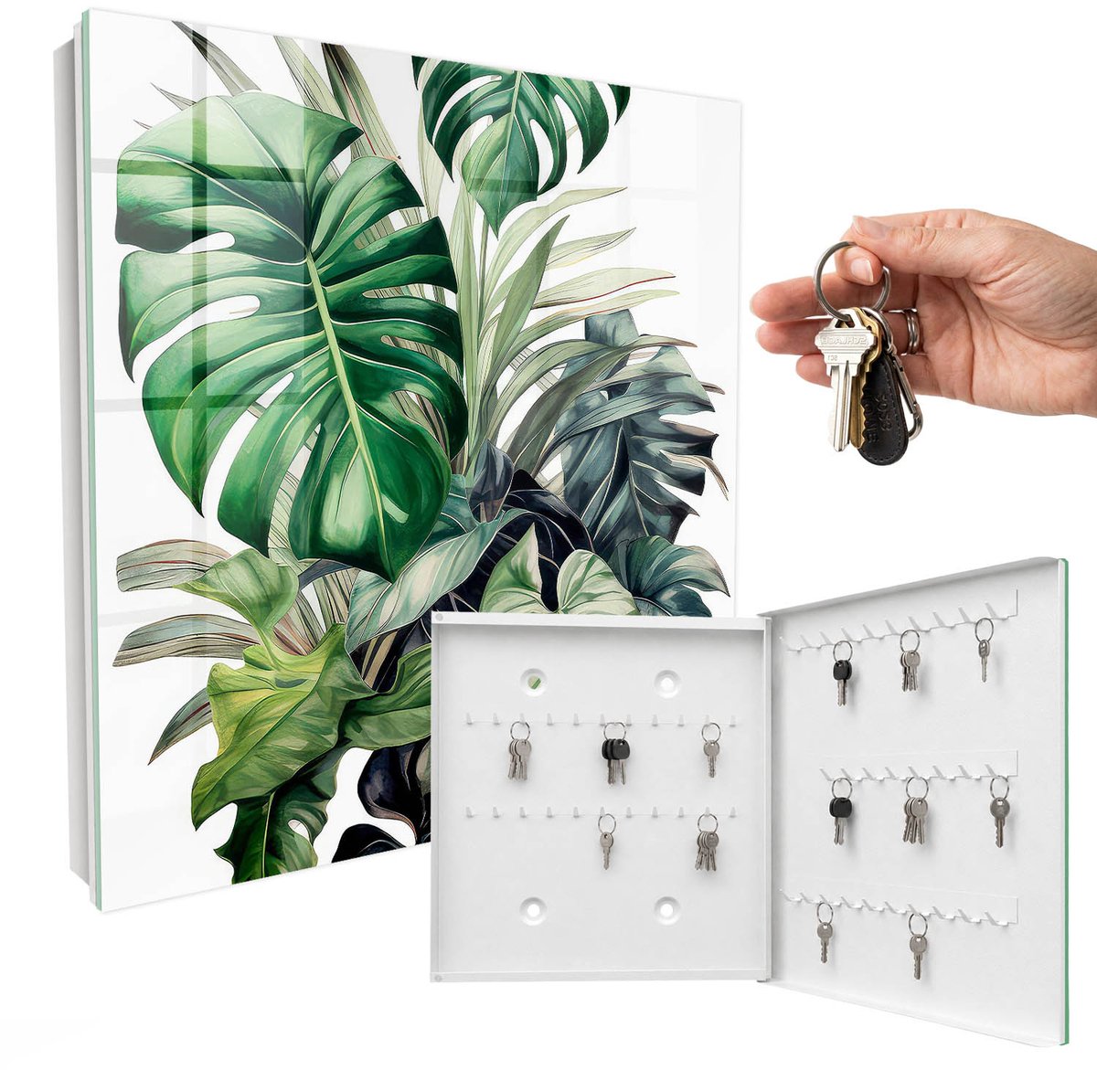 WallMuralia - Sleutelkast - 30x30x5 cm - met 50 haken - Exotische Bladeren Design Sleutelkastje - Groente Sleutelbox - Rechtsopenend - Wit interieur