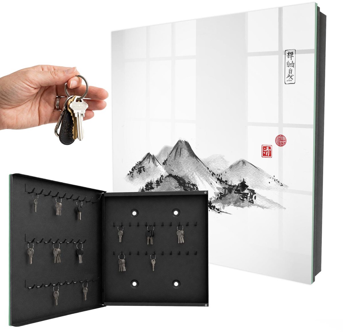 WallMuralia - Sleutelkast - 30x30x5 cm - met 50 haken - Japanse Bergen Sleutelkastje Huis - Wit Sleutelbox - Linksopenend - Zwart interieur