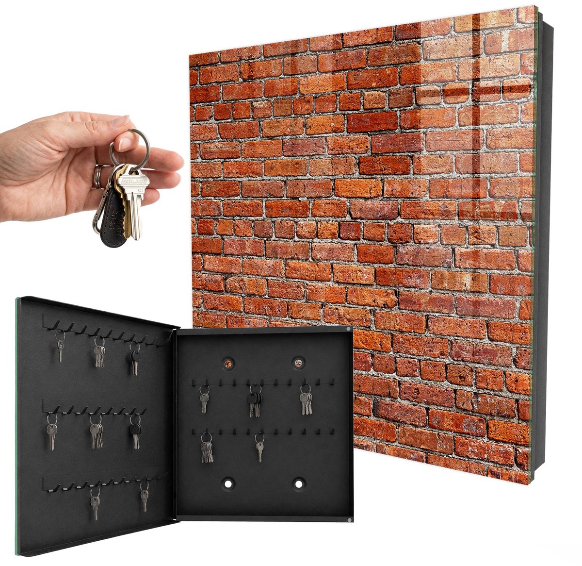 WallMuralia - Sleutelkast - 30x30x5 cm - met 50 haken - Bakstenen Muur Design Sleutelkastje - Rood Sleutelbox - Linksopenend - Zwart interieur