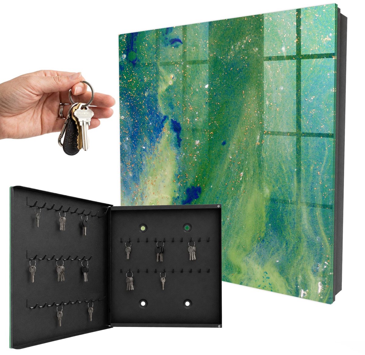 WallMuralia - Sleutelkast - 30x30x5 cm - met 50 haken - Abstracte Natuur Sleutelkastje Modern - Groente Sleutelbox - Linksopenend - Zwart interieur