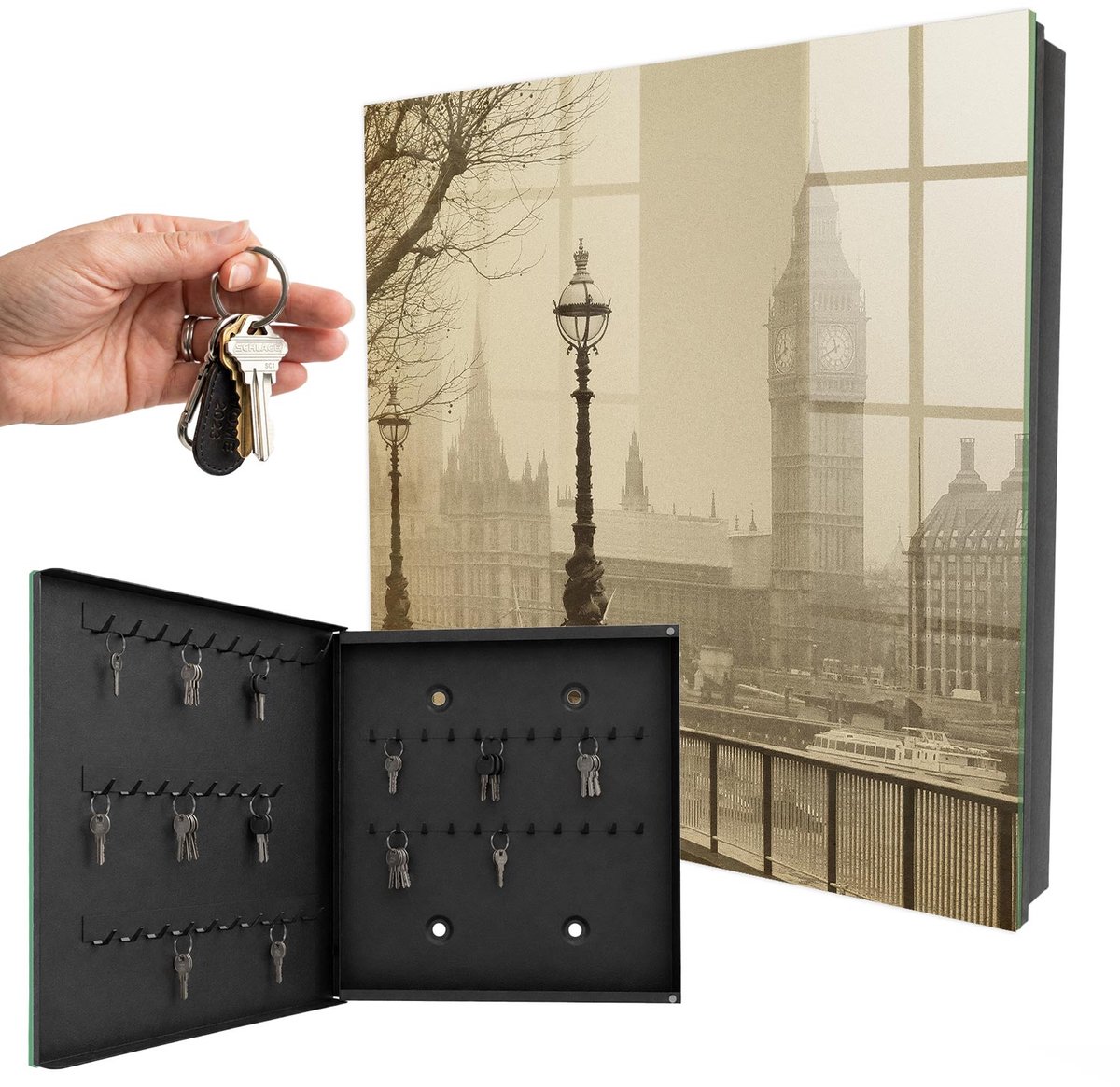 WallMuralia - Sleutelkast - 30x30x5 cm - met 50 haken - Mistig Londen Sleutelkastje Landelijk - Beige Sleutelbox - Linksopenend - Zwart interieur