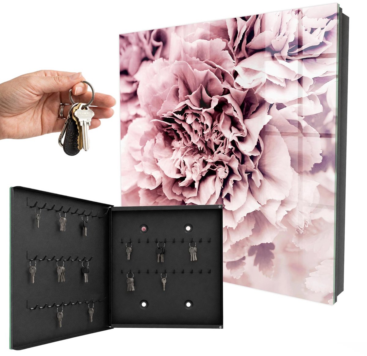 WallMuralia - Sleutelkast - 30x30x5 cm - met 50 haken - Roze Bloem Sleutelkastje Modern - Roze Sleutelbox - Linksopenend - Zwart interieur