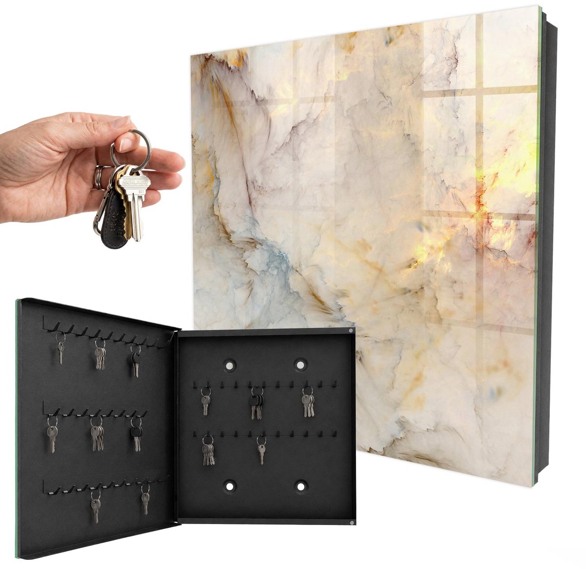WallMuralia - Sleutelkast - 30x30x5 cm - met 50 haken - Marmeren Elegantie Sleutelkastje Industrieel - Beige Sleutelbox - Linksopenend - Zwart interieur