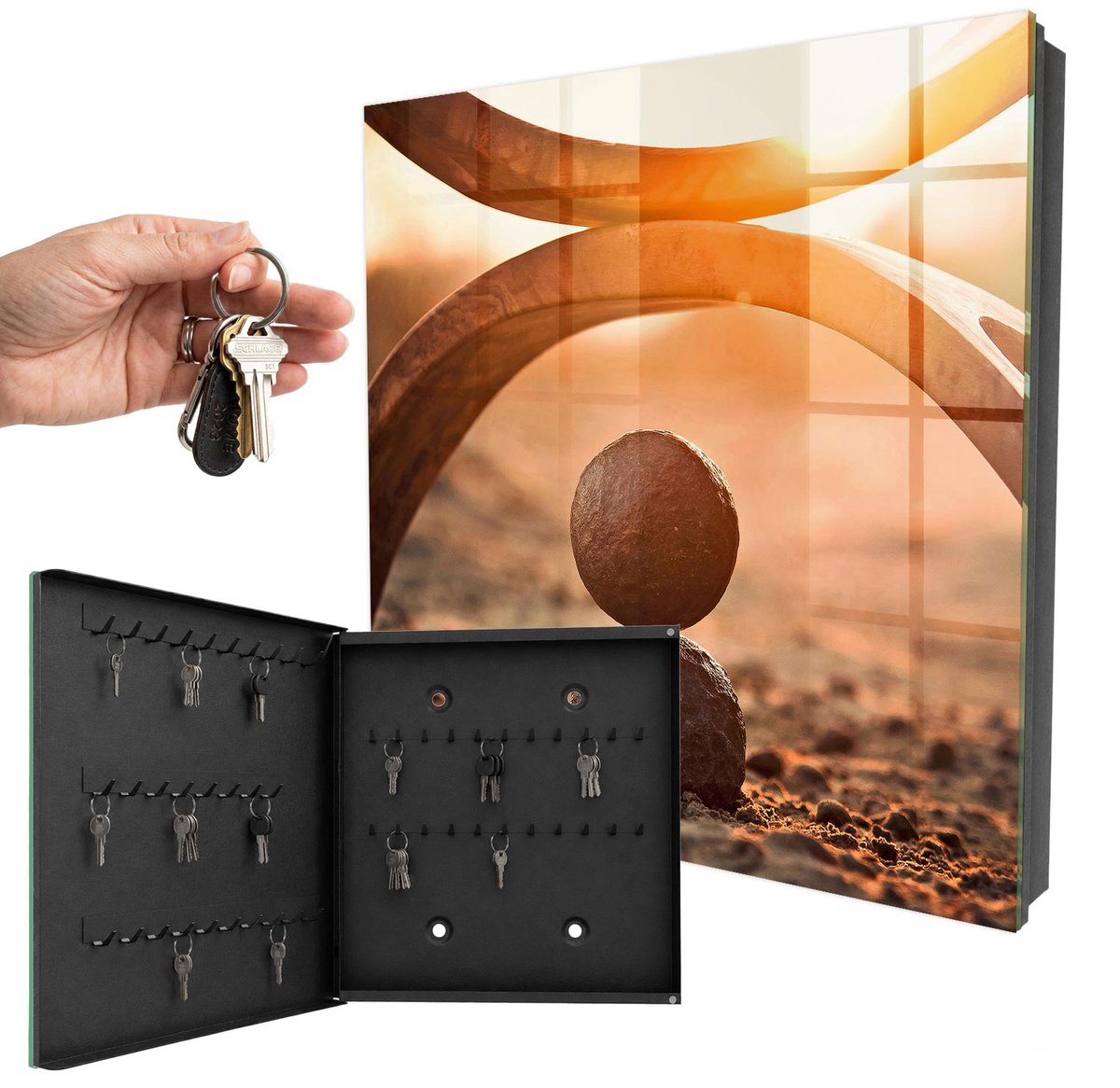 WallMuralia - Sleutelkast - 30x30x5 cm - met 50 haken - Abstracte Harmonie Sleutelkastje Industrieel - Oranje Sleutelbox - Linksopenend - Zwart interieur