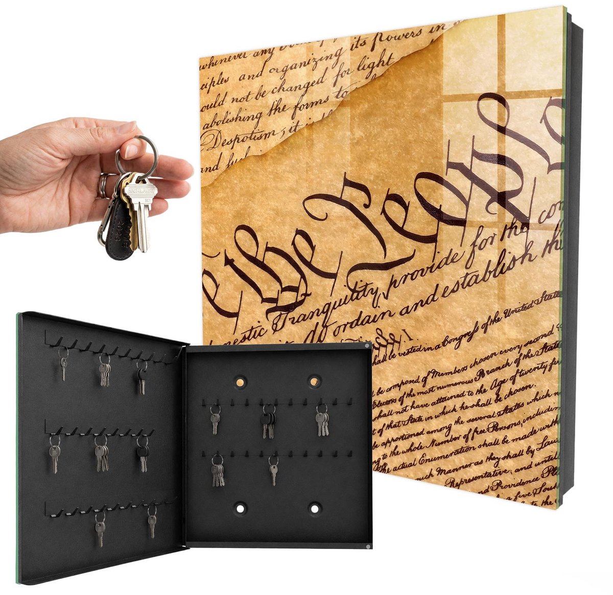 WallMuralia - Sleutelkast - 30x30x5 cm - met 50 haken - Oud Document Sleutelkastje Huis - Beige Sleutelbox - Linksopenend - Zwart interieur