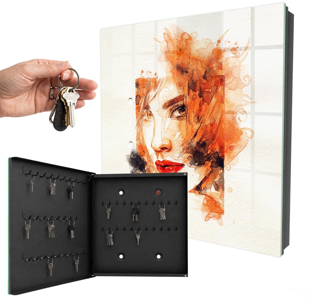 WallMuralia - Sleutelkast - 30x30x5 cm - met 50 haken - Vrouwelijke Aquarel Groot Sleutelkastje - Oranje Sleutelbox - Linksopenend - Zwart interieur