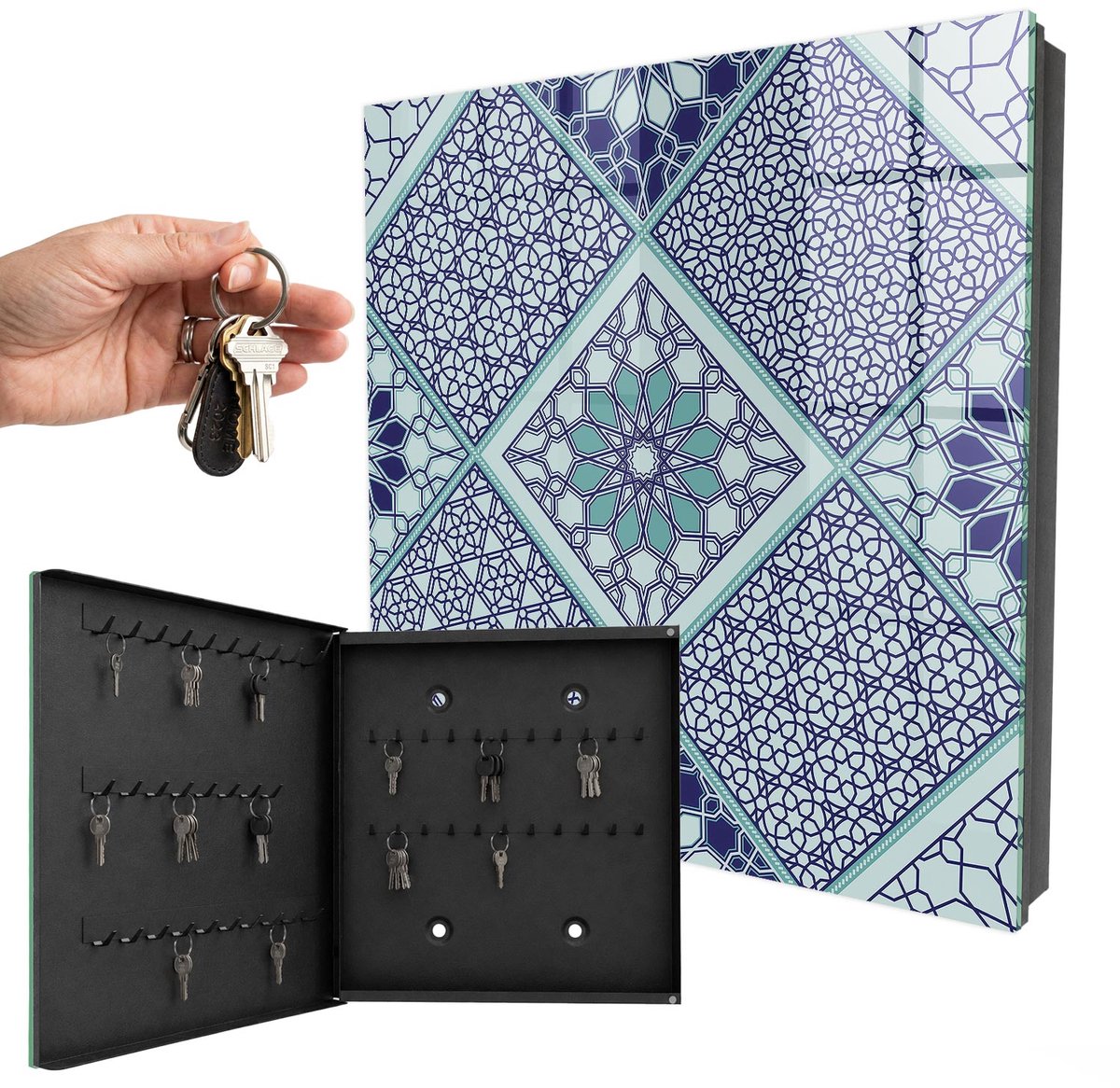 WallMuralia - Sleutelkast - 30x30x5 cm - met 50 haken - Geometrisch Patroon Sleutelkastje Design - Blauw Sleutelbox - Linksopenend - Zwart interieur