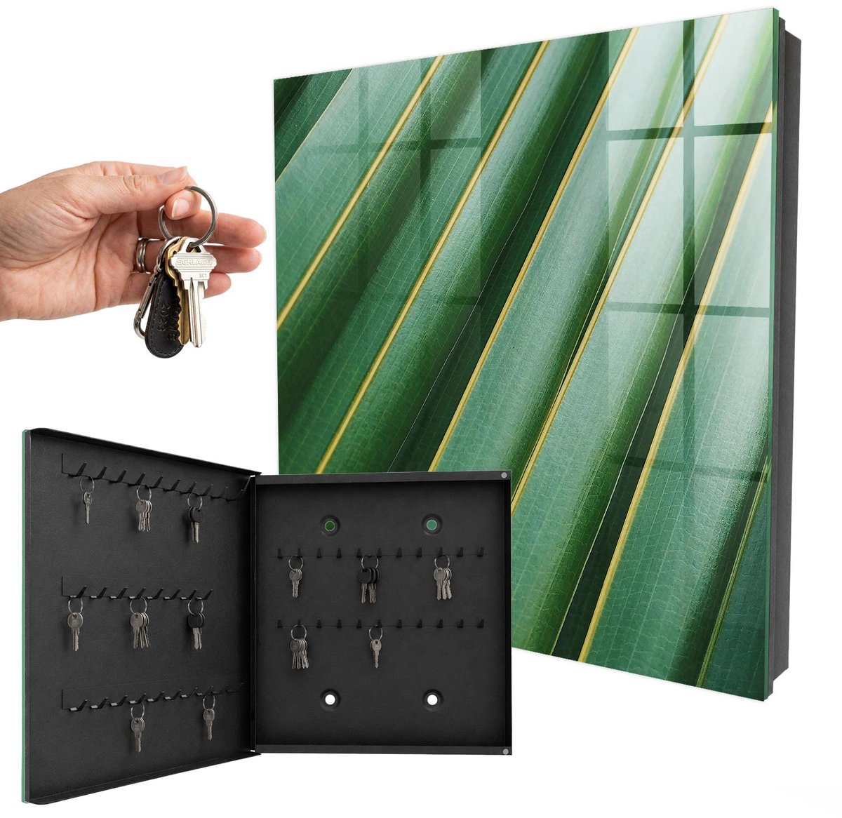 WallMuralia - Sleutelkast - 30x30x5 cm - met 50 haken - Bladpatroon Sleutelkastje Industrieel - Groente Sleutelbox - Linksopenend - Zwart interieur