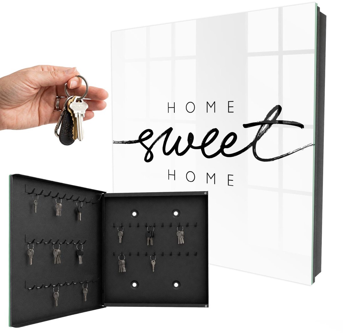 WallMuralia - Sleutelkast - 30x30x5 cm - met 50 haken - Huiselijke Charme Leuk Sleutelkastje - Zwart-Wit Sleutelbox - Linksopenend - Zwart interieur