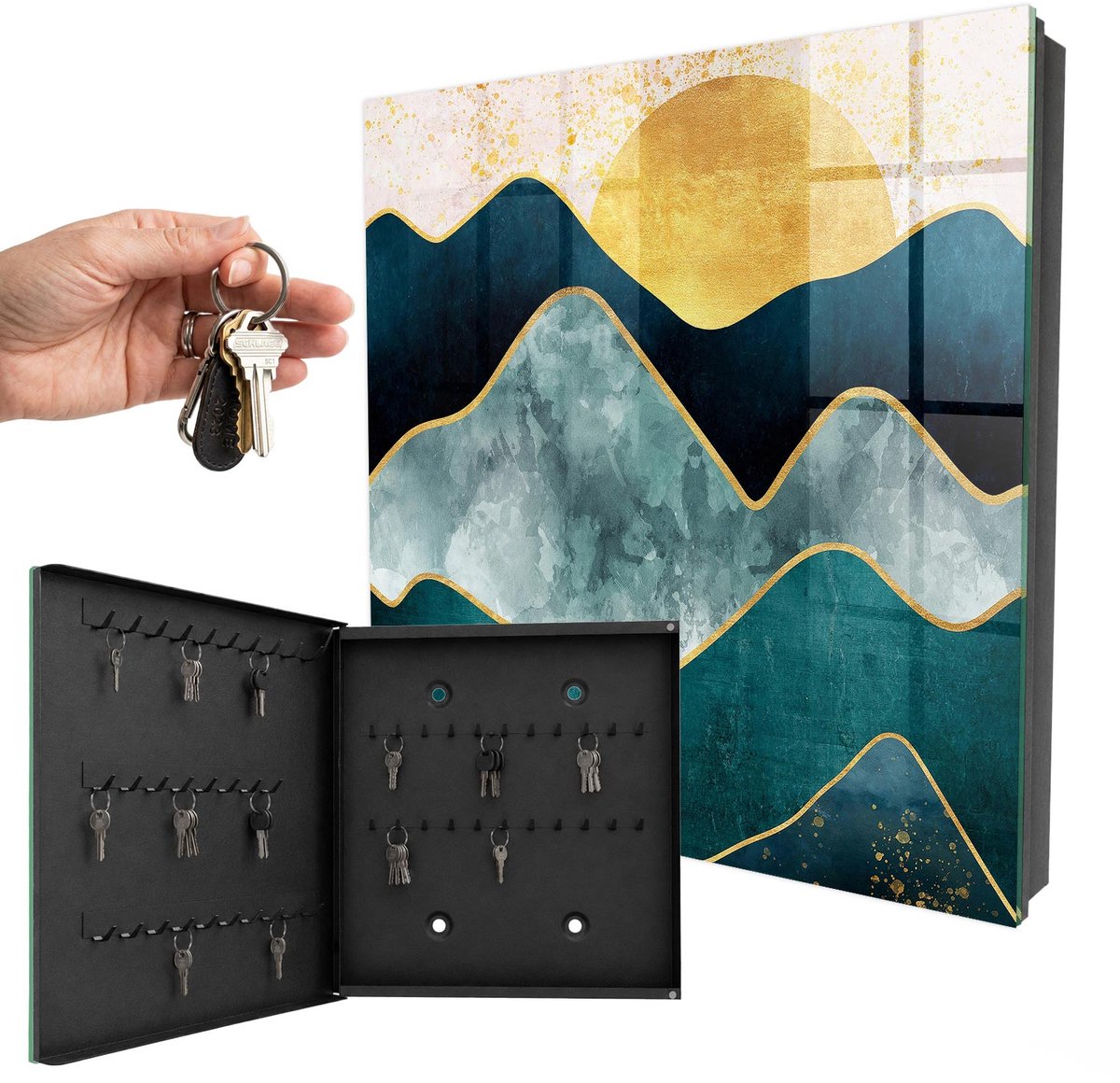 WallMuralia - Sleutelkast - 30x30x5 cm - met 50 haken - Bergabstractie Sleutelkastje Modern - Blauw Sleutelbox - Linksopenend - Zwart interieur