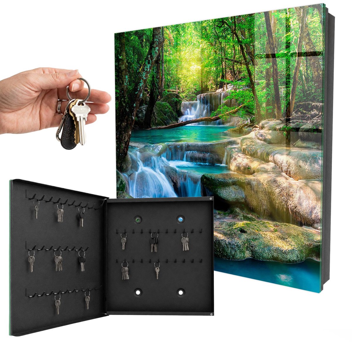 WallMuralia - Sleutelkast - 30x30x5 cm - met 50 haken - Paradijselijke Oase Sleutelkastje Landelijk - Groente Sleutelbox - Linksopenend - Zwart interieur