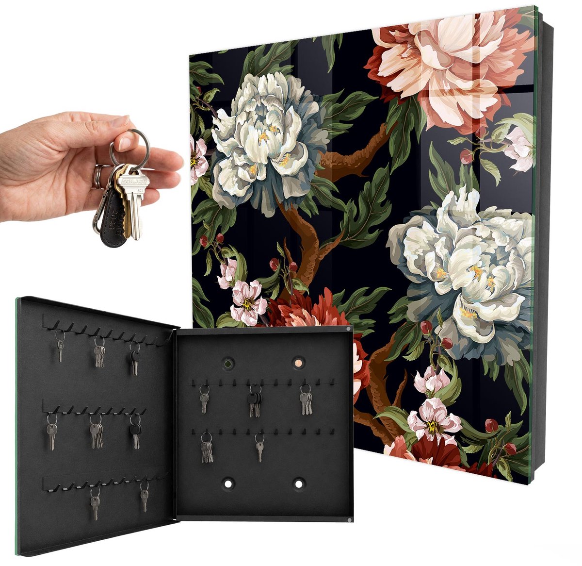 WallMuralia - Sleutelkast - 30x30x5 cm - met 50 haken - Bloemen Van De Natuur Sleutelkastje Muur - Groente Sleutelbox - Linksopenend - Zwart interieur