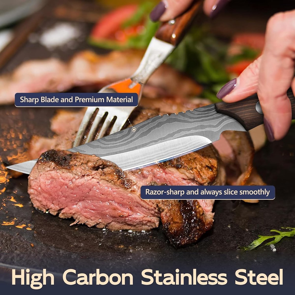 Steakmessenset 6-delig met Houten Greep - Roestvrijstalen Vleesmessen met Damastpatroon - Incl. Luxe Geschenkdoos