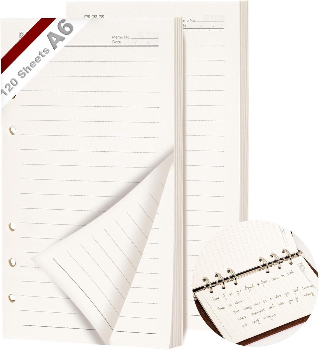 Navulbare ringband, A6-formaat, 120 vellen, papier, 6 gaten, lijnen navulbaar, navulbaar navulpapier, navulpapier voor A6-notitieboeken, dagboeken, schetsen, agenda's, planners, 2 stuks