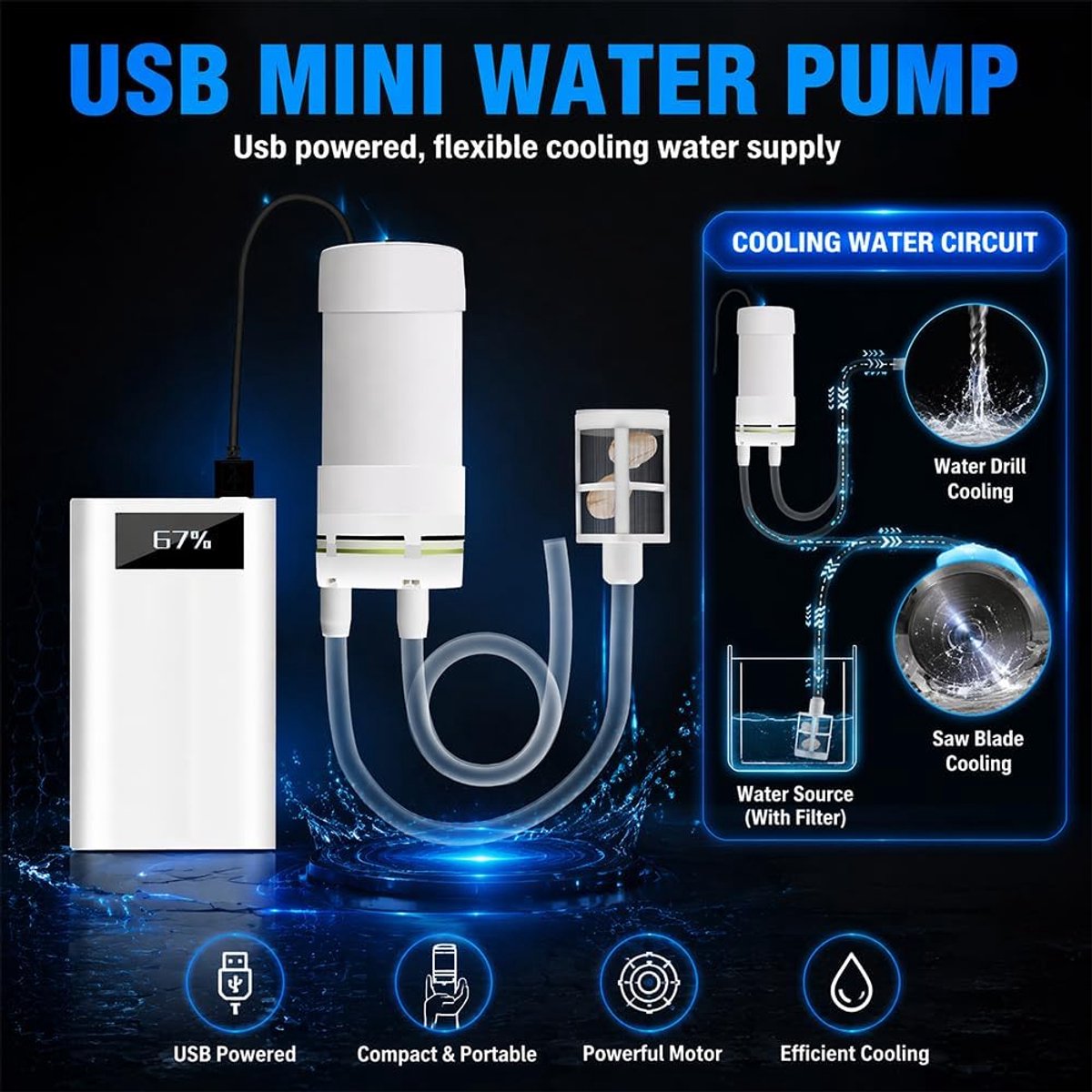 Mini-waterpomp, 5 V waterpomp, zelfaanzuigende afzuigpomp met 3 m pvc-slang en roestvrijstalen filter, USB-aangedreven mini-dompelpomp voor thuis, tuin, aquarium thumbnail 6