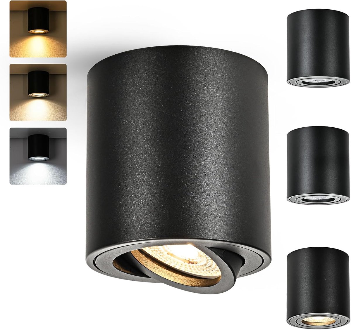 opbouwspot, zwart, dimbaar, zwenkbaar met GU10-fitting, led-spots 230V, 5W, CCT 3000K/4000K/6000K, inbouwspots, plafondspot van aluminium, downlight, 4 stuks