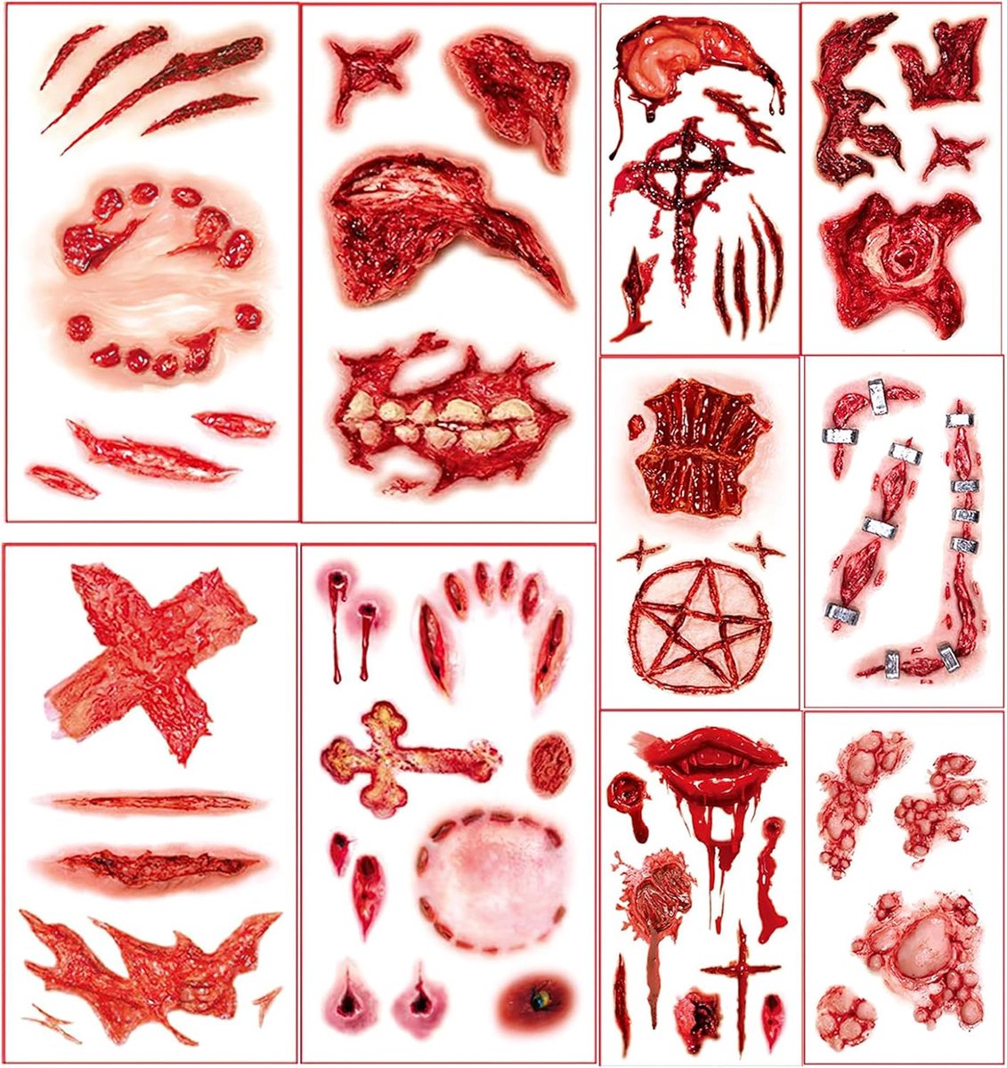Tijdelijke Halloween Tatoeages – Realistische Littekens, Wonden en Bloed Effecten, Waterbestendige Horror Tatoeages voor Make-up, Cosplay en Kostuum
