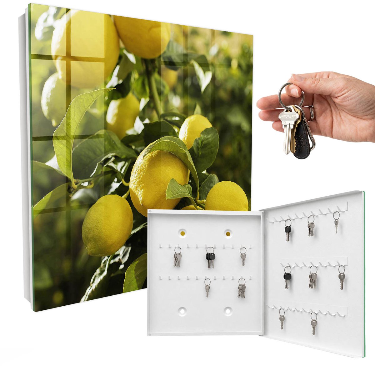WallMuralia - Sleutelkast - 30x30x5 cm - met 50 haken - Sappige Frisheid Groot Sleutelkastje - Geel Sleutelbox - Rechtsopenend - Wit interieur