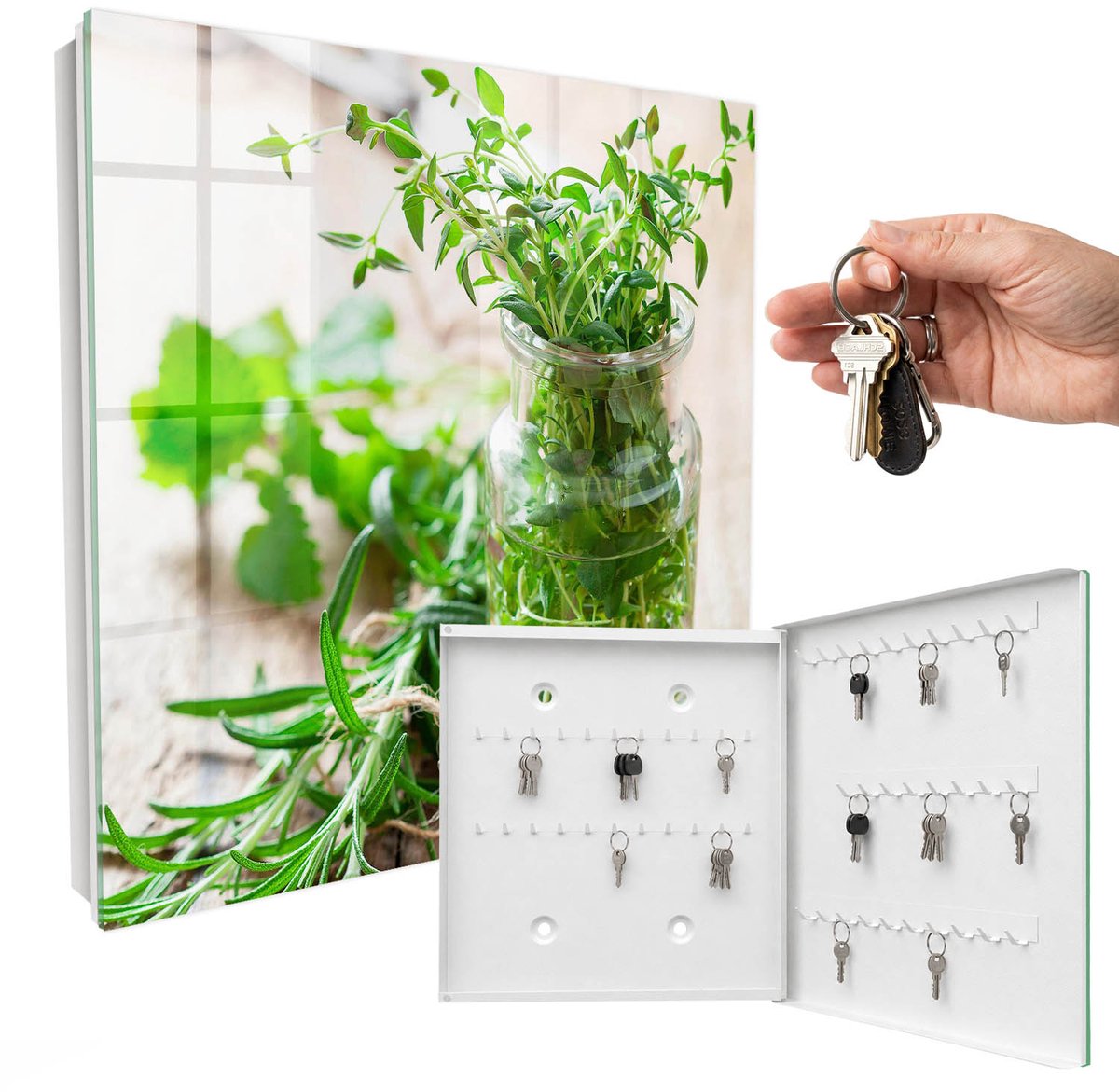 WallMuralia - Sleutelkast - 30x30x5 cm - met 50 haken - Groene Kruiden Sleutelkastje Gang - Groente Sleutelbox - Rechtsopenend - Wit interieur