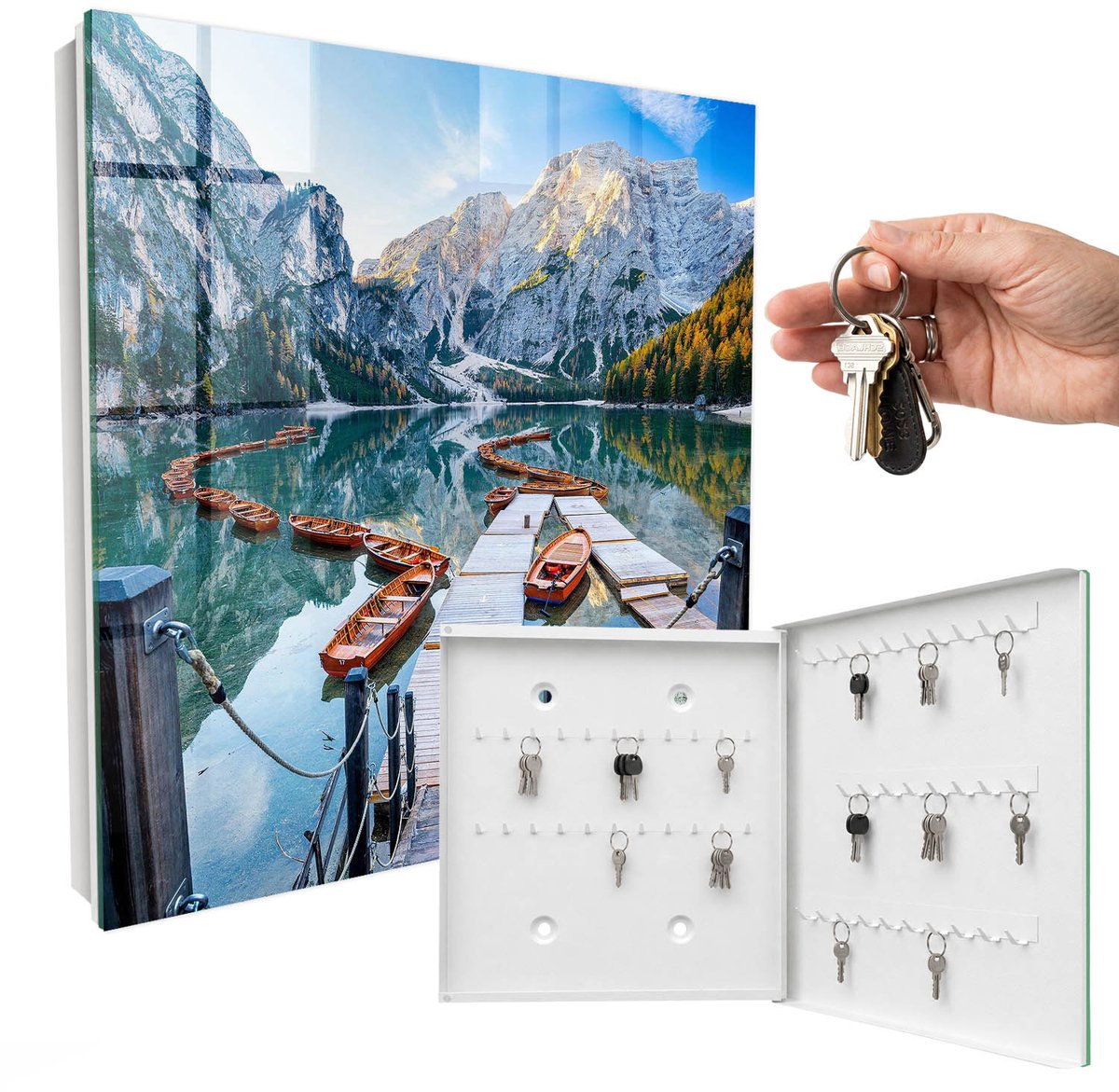 WallMuralia - Sleutelkast - 30x30x5 cm - met 50 haken - Berglandschap Design Sleutelkastje - Blauw Sleutelbox - Rechtsopenend - Wit interieur