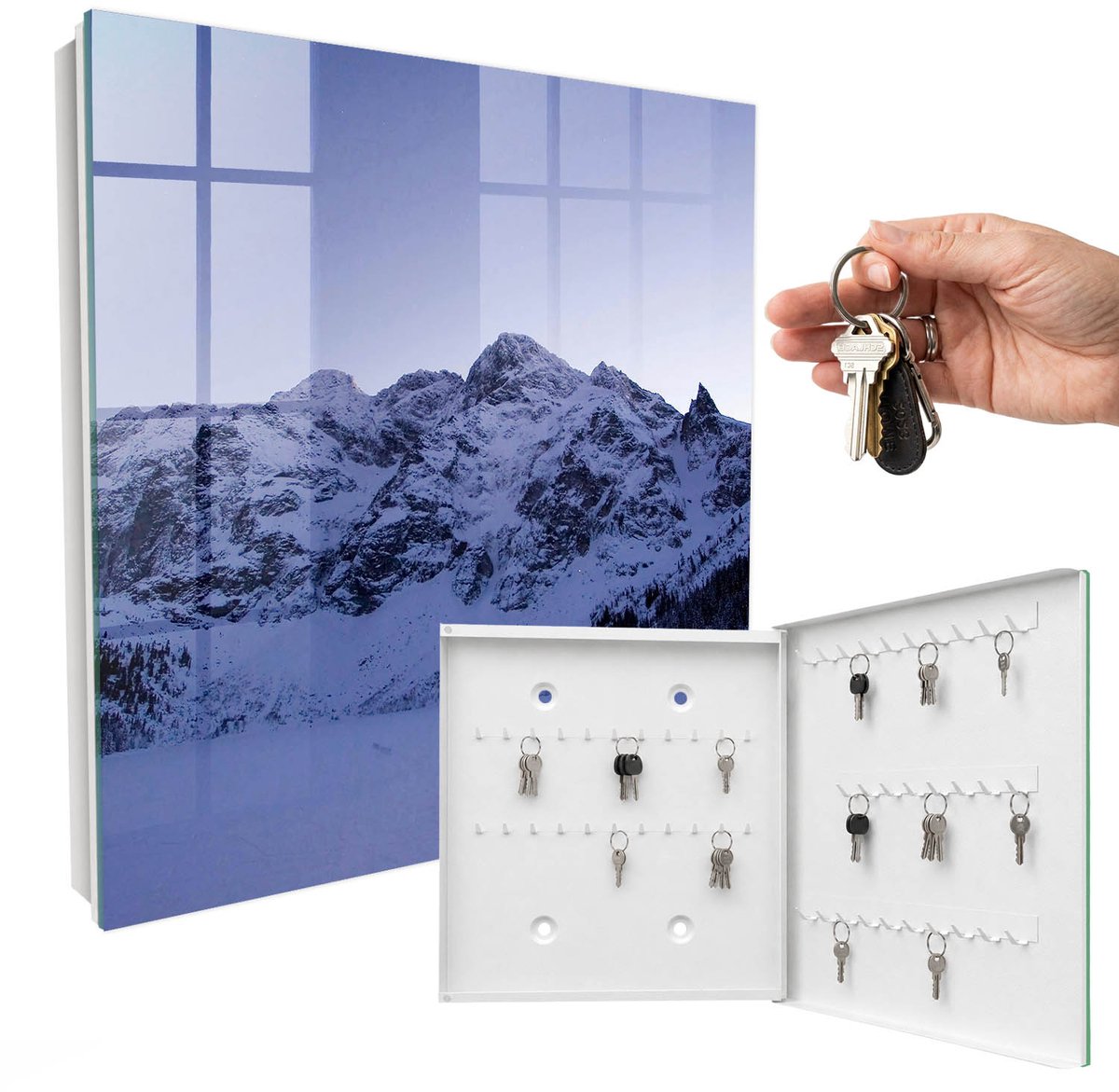 WallMuralia - Sleutelkast - 30x30x5 cm - met 50 haken - Winterse Majesteit Groot Sleutelkastje - Wit Sleutelbox - Rechtsopenend - Wit interieur