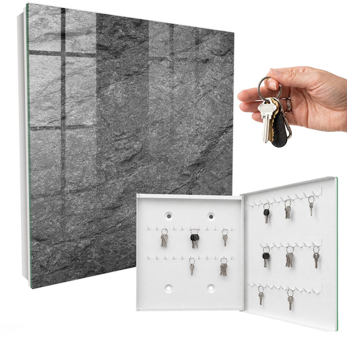 WallMuralia - Sleutelkast - 30x30x5 cm - met 50 haken - Grijze Steen Sleutelkastje - Grijs Sleutelbox - Rechtsopenend - Wit interieur