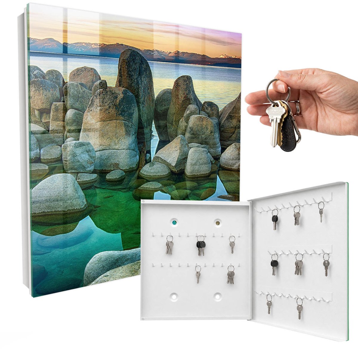 WallMuralia - Sleutelkast - 30x30x5 cm - met 50 haken - Bergvrede Sleutelkastje Modern - Groente Sleutelbox - Rechtsopenend - Wit interieur