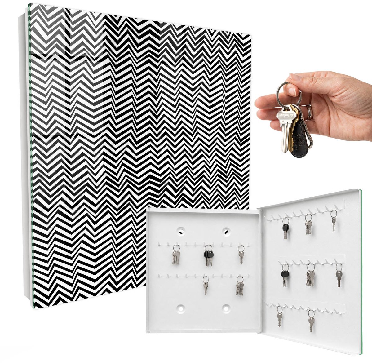 WallMuralia - Sleutelkast - 30x30x5 cm - met 50 haken - Zigzags Dynamisch Groot Sleutelkastje - Zwart-Wit Sleutelbox - Rechtsopenend - Wit interieur