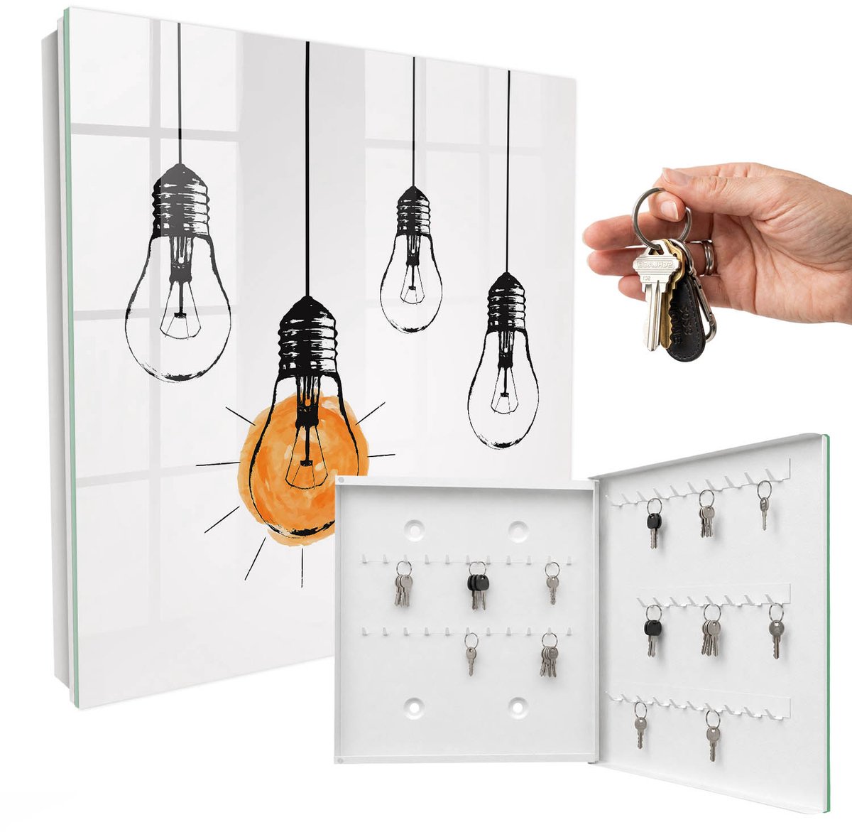 WallMuralia - Sleutelkast - 30x30x5 cm - met 50 haken - Gloeilampen Sleutelkastje Klein - Wit Sleutelbox - Rechtsopenend - Wit interieur