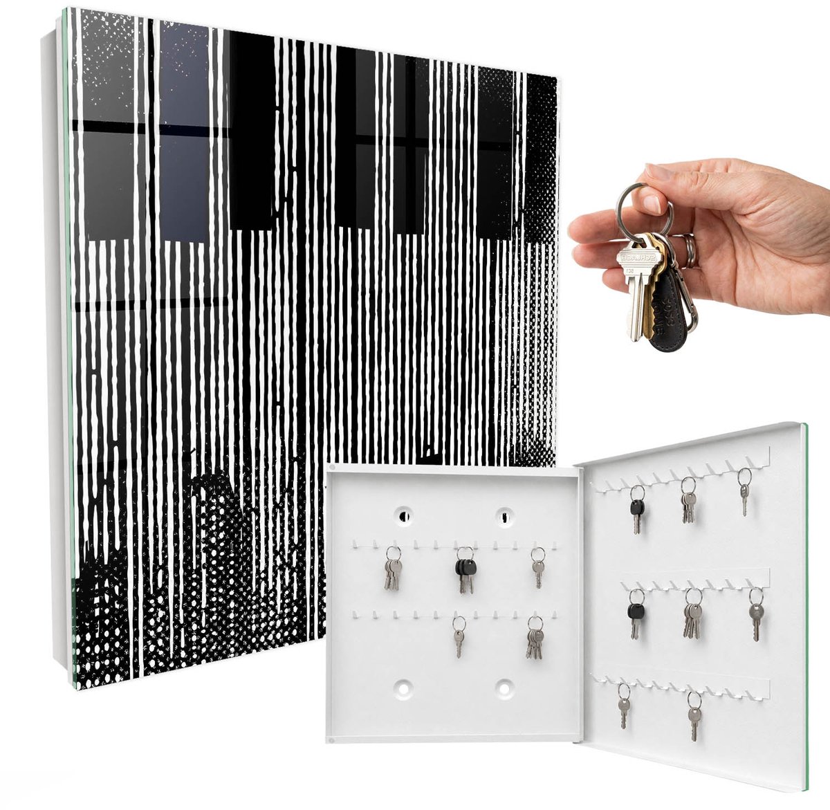 WallMuralia - Sleutelkast - 30x30x5 cm - met 50 haken - Geometrische Lijnen Leuk Sleutelkastje - Zwart-Wit Sleutelbox - Rechtsopenend - Wit interieur