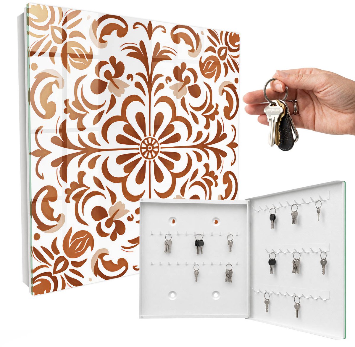 WallMuralia - Sleutelkast - 30x30x5 cm - met 50 haken - Decoratief Patroon Sleutelkastje - Bruin Sleutelbox - Rechtsopenend - Wit interieur