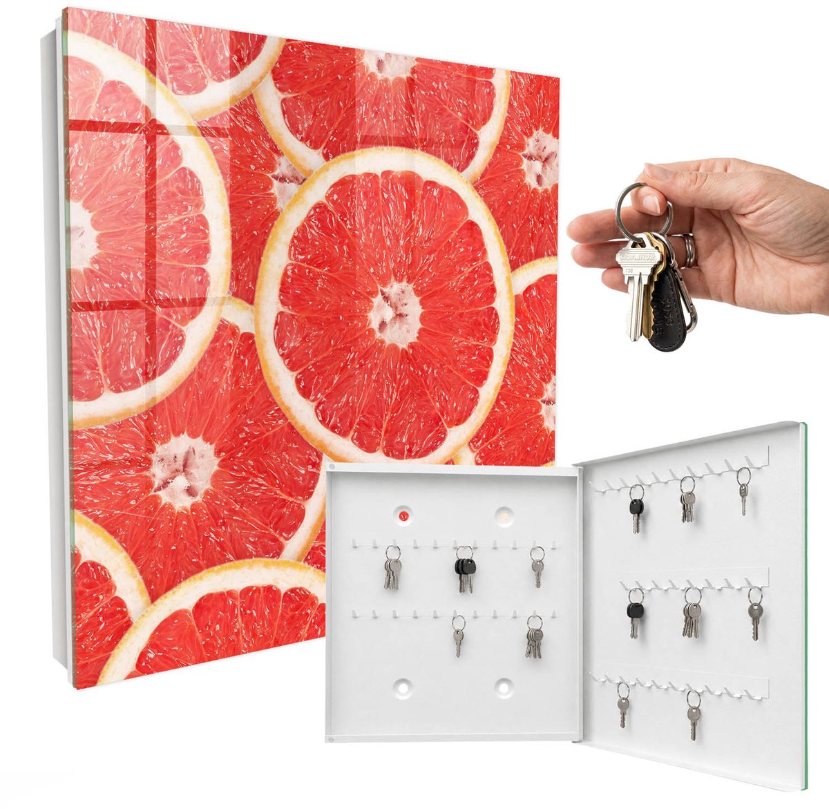 WallMuralia - Sleutelkast - 30x30x5 cm - met 50 haken - Grapefruitschijfjes Sleutelkastje Gang - Rood Sleutelbox - Rechtsopenend - Wit interieur