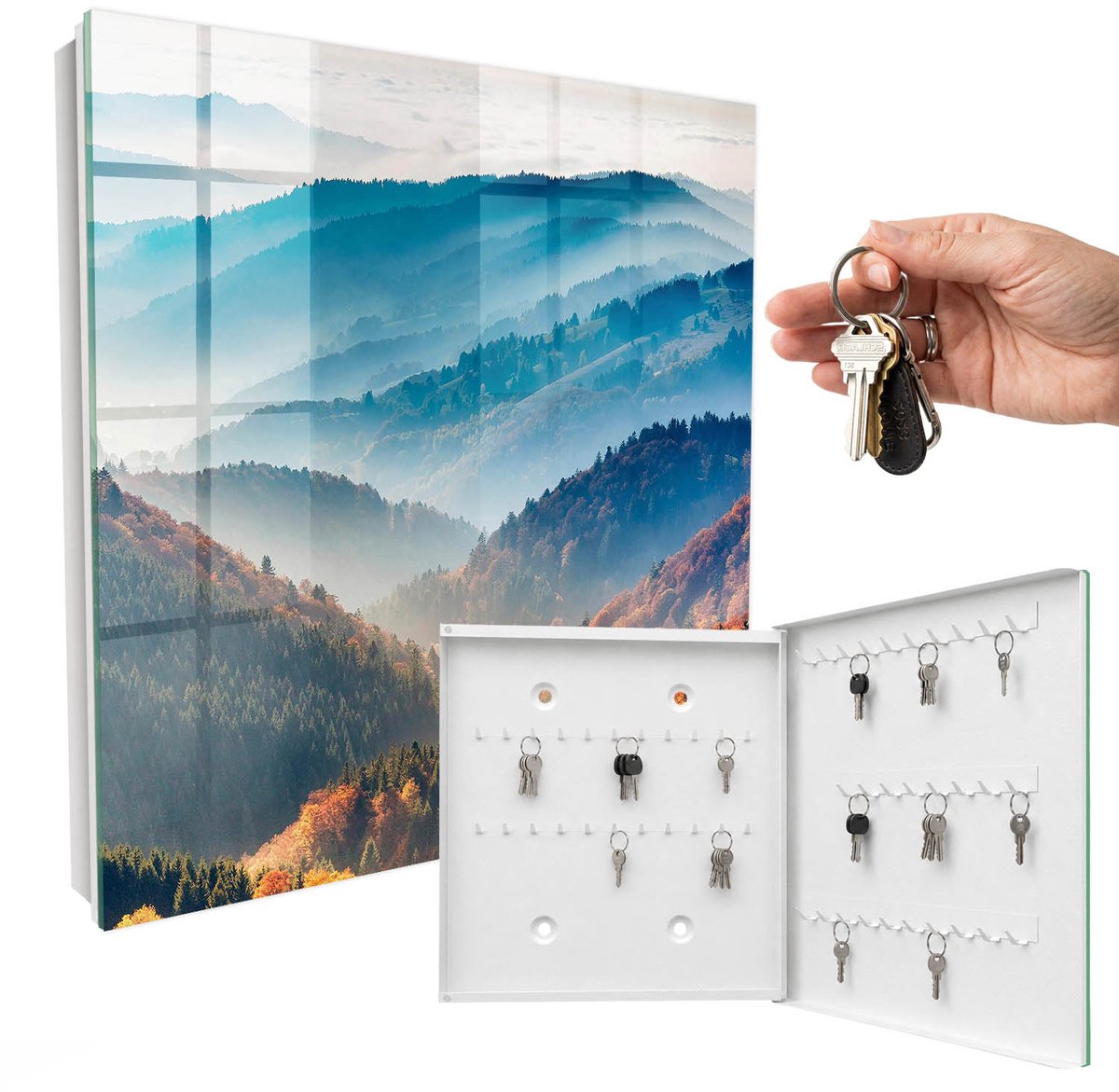 WallMuralia - Sleutelkast - 30x30x5 cm - met 50 haken - Berglandschap Sleutelkastje Huis - Blauw Sleutelbox - Rechtsopenend - Wit interieur