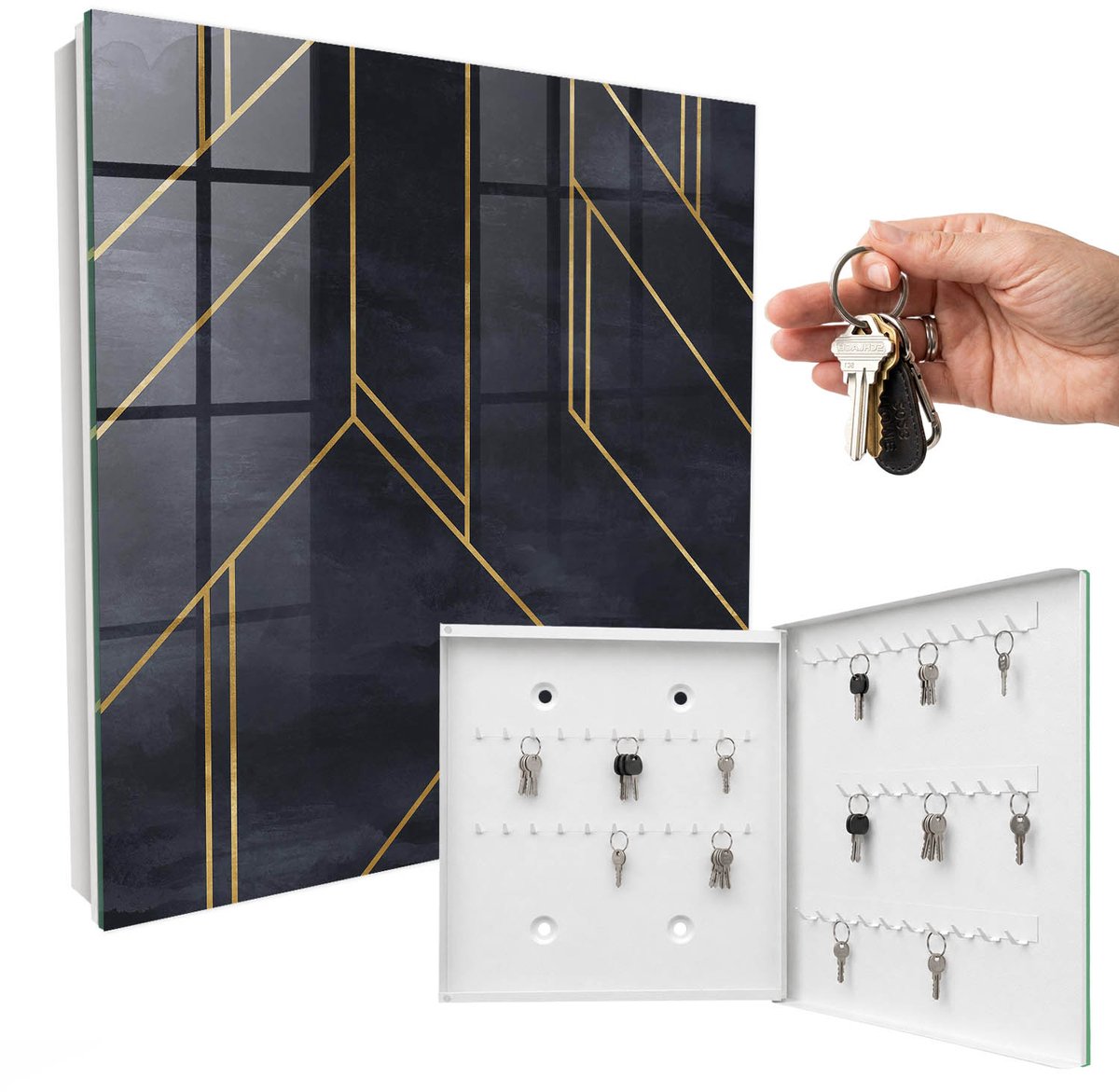 WallMuralia - Sleutelkast - 30x30x5 cm - met 50 haken - Geometrische Structuur Sleutelkastje Huis - Zwart Sleutelbox - Rechtsopenend - Wit interieur
